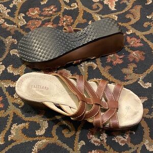 Eastland Brown Leather Crossover Strap Wedge Mules